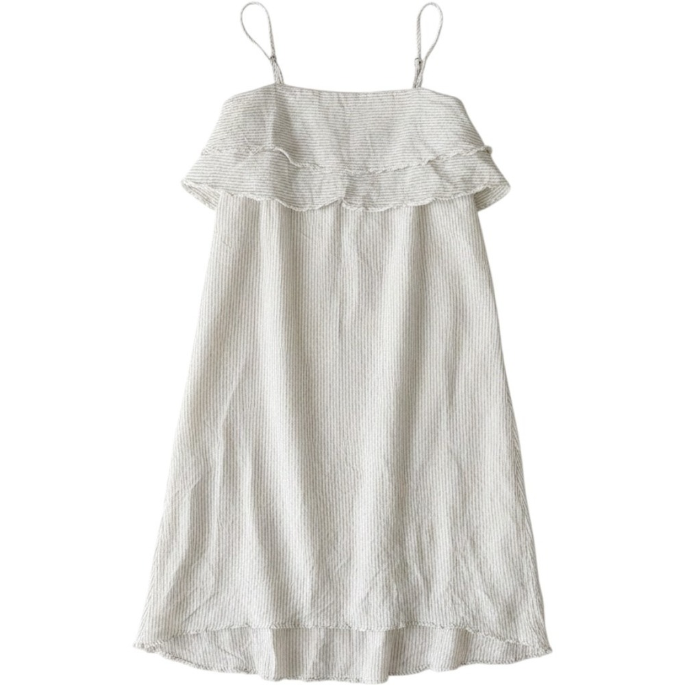 Zara‎ Basic Denim Pinstripe Ruffle Dress Cream Black Size M Boho